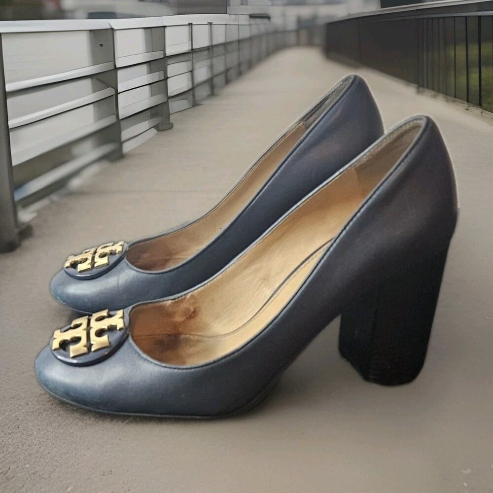 Women's Tory Burch JANEY Leather Block Heel Pumps Size 6.5 Navy 50MM